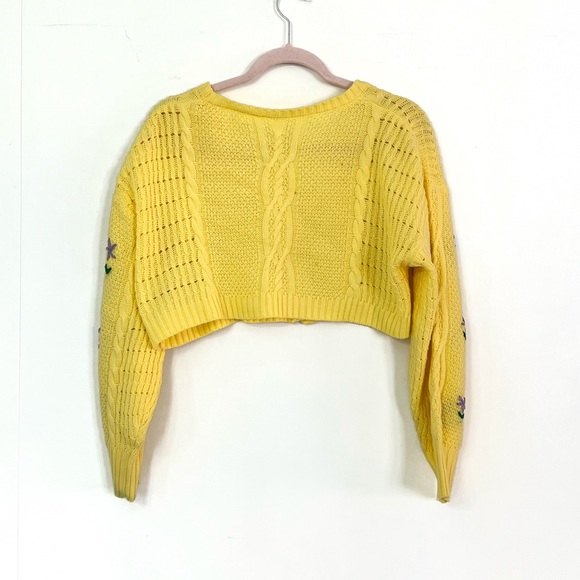 Yellow Cropped Sweater | Purple Floral Embroidery - Picture 2 of 4